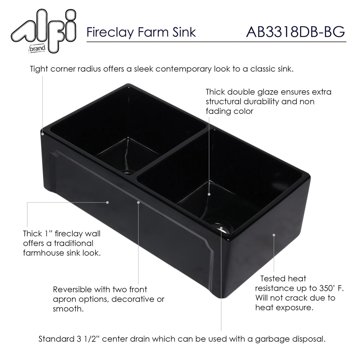 ALFI brand AB3318DB-BG 33 inch Black Reversible Double Fireclay Farmhouse Kitchen Sink