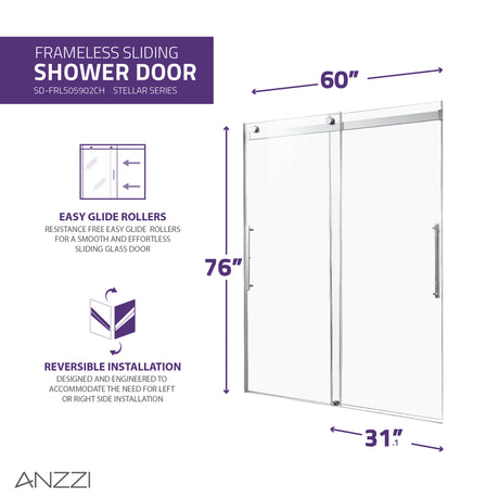 ANZZI SD-FRLS05902CH Stellar Series 60 in. x 76 in. Frameless Sliding Shower Door with Handle in Chrome