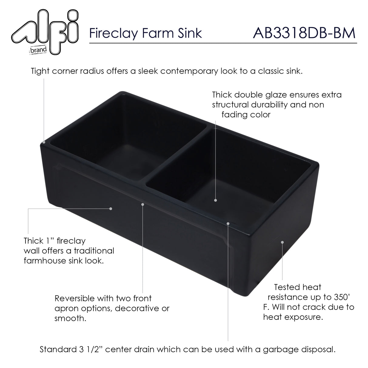 ALFI brand AB3318DB-BM 33 inch Black Reversible Double Fireclay Farmhouse Kitchen Sink