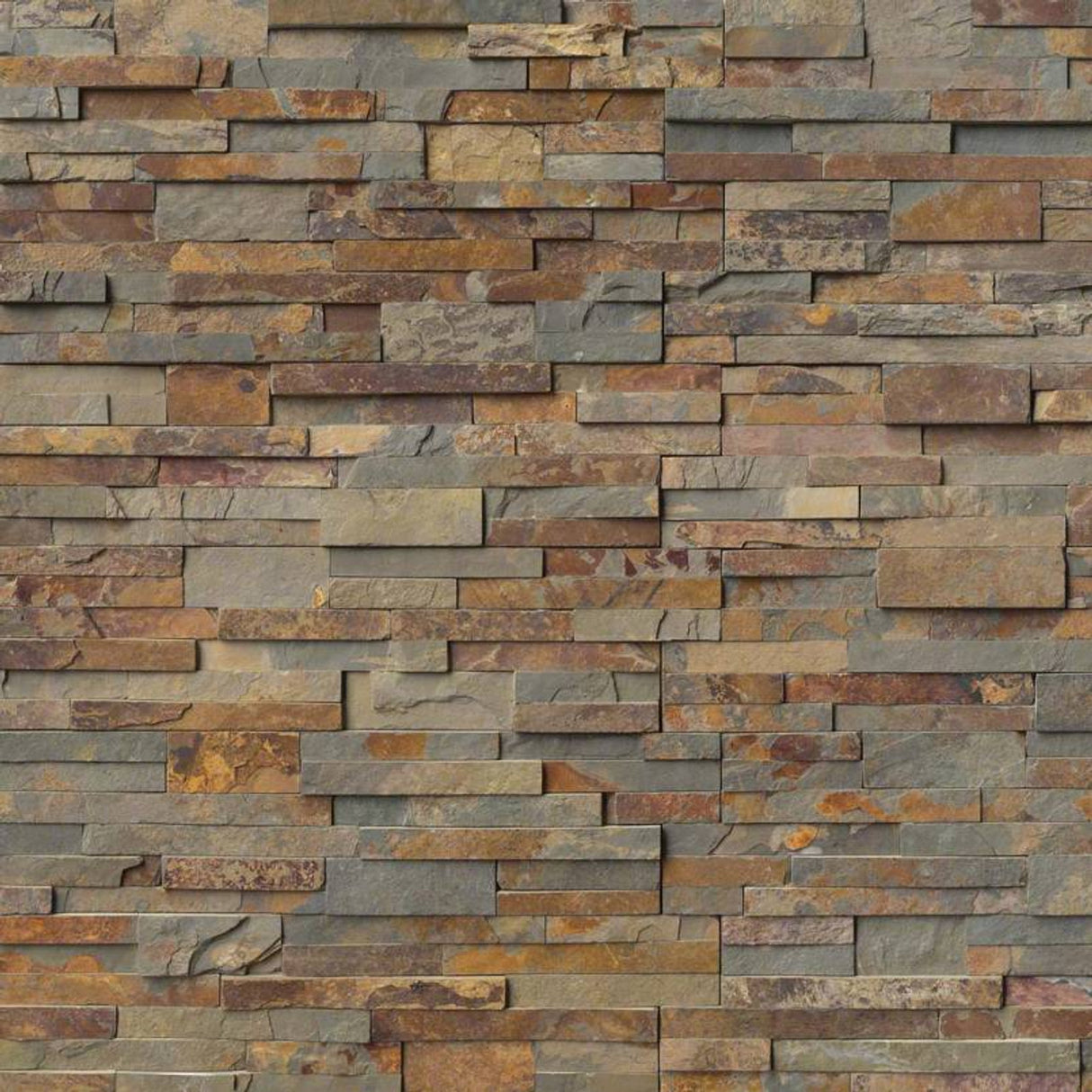 Gold rush splitface ledger panel 6X24 natural slate wall tile LPNLSGLDRUS624 product shot multiple tiles angle view