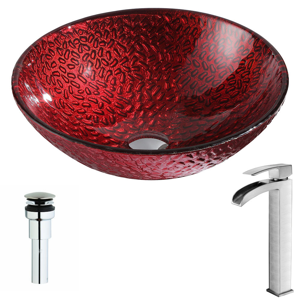 ANZZI LSAZ080-097B Rhythm Series Deco-Glass Vessel Sink in Lustrous Red with Key Faucet in Brushed Nickel