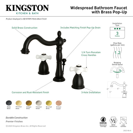 Kingston Brass KB1970PX Heritage Widespread Bathroom Faucet with Brass Pop-Up, Matte Black