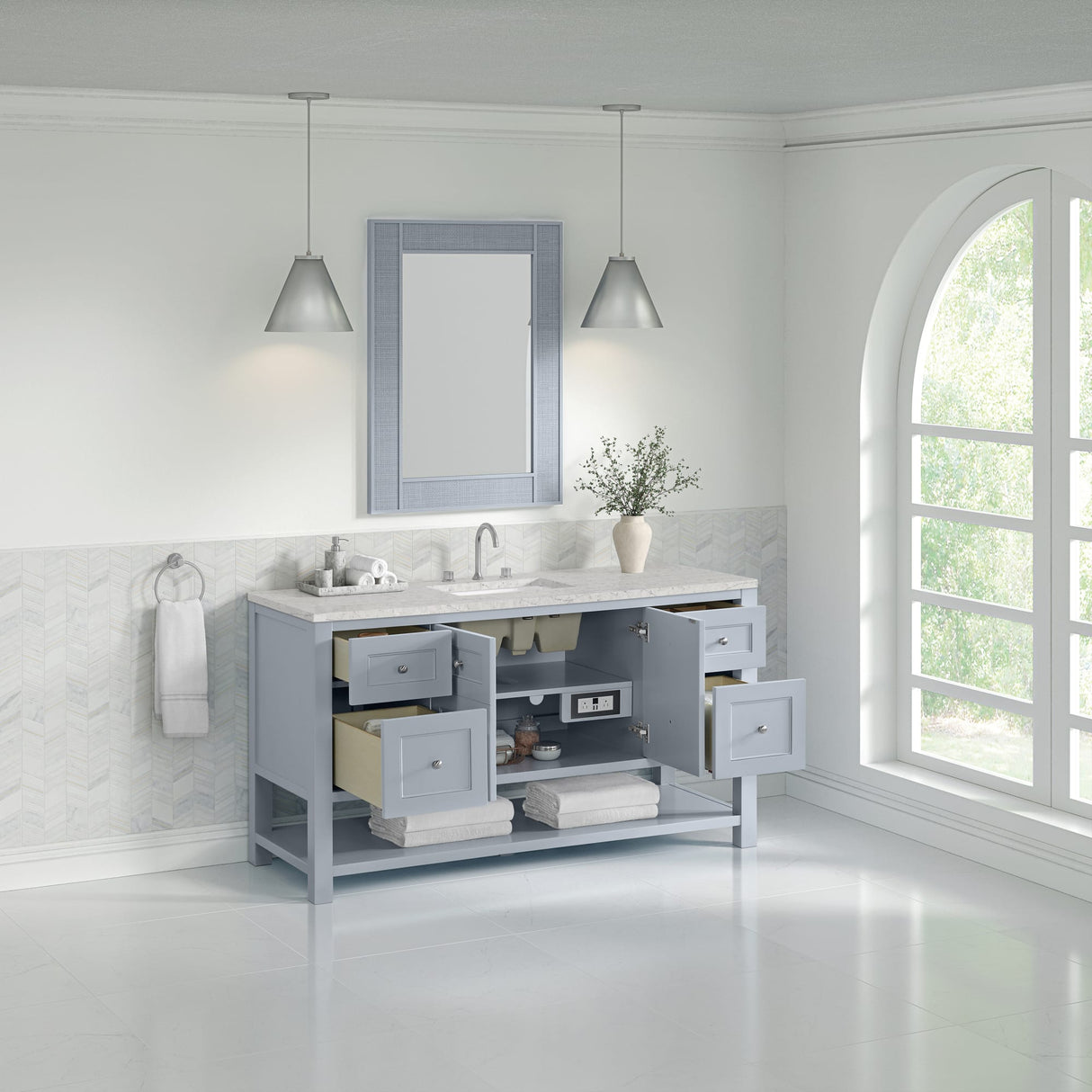 Breckenridge 60" Single Vanity, Serenity Blue, w/ 3 CM Eternal Jasmine Pearl Silestone Top w/ FreePower Wireless Charger
