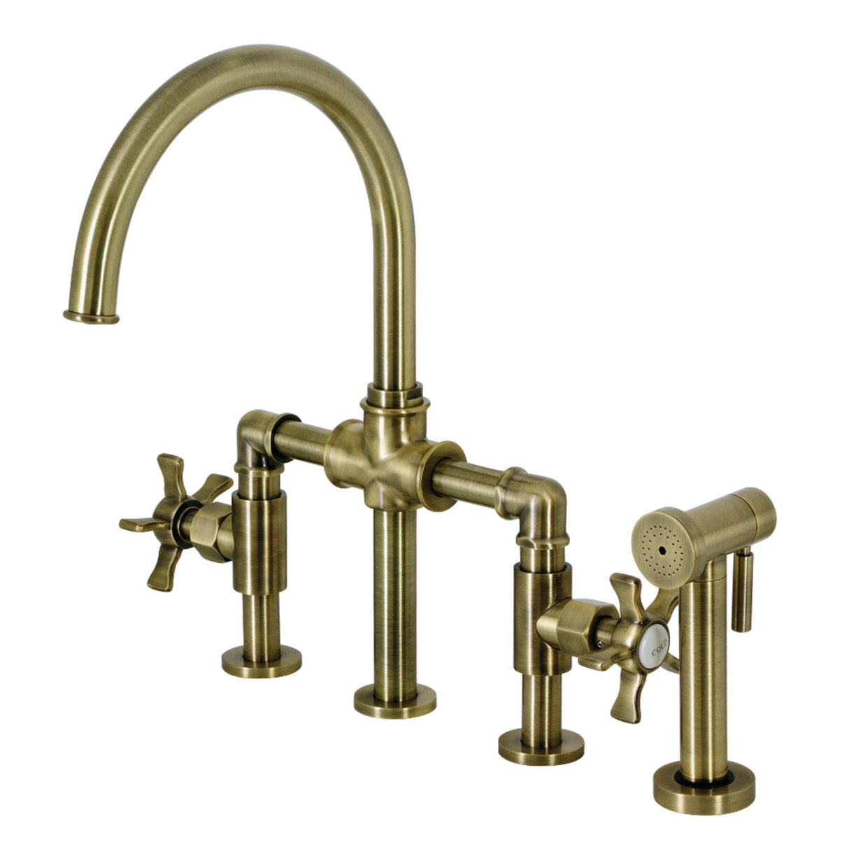 Kingston Brass KS2333NX Hamilton Industrial Style Bridge Kitchen Faucet with Brass Sprayer, Antique Brass