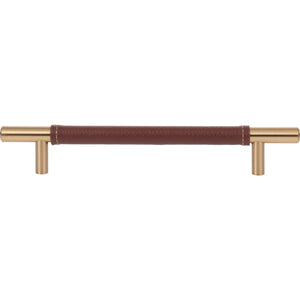 Atlas Homewares Zanzibar Brown Leather Pull 6 5/16 Inch (c-c) Warm Brass