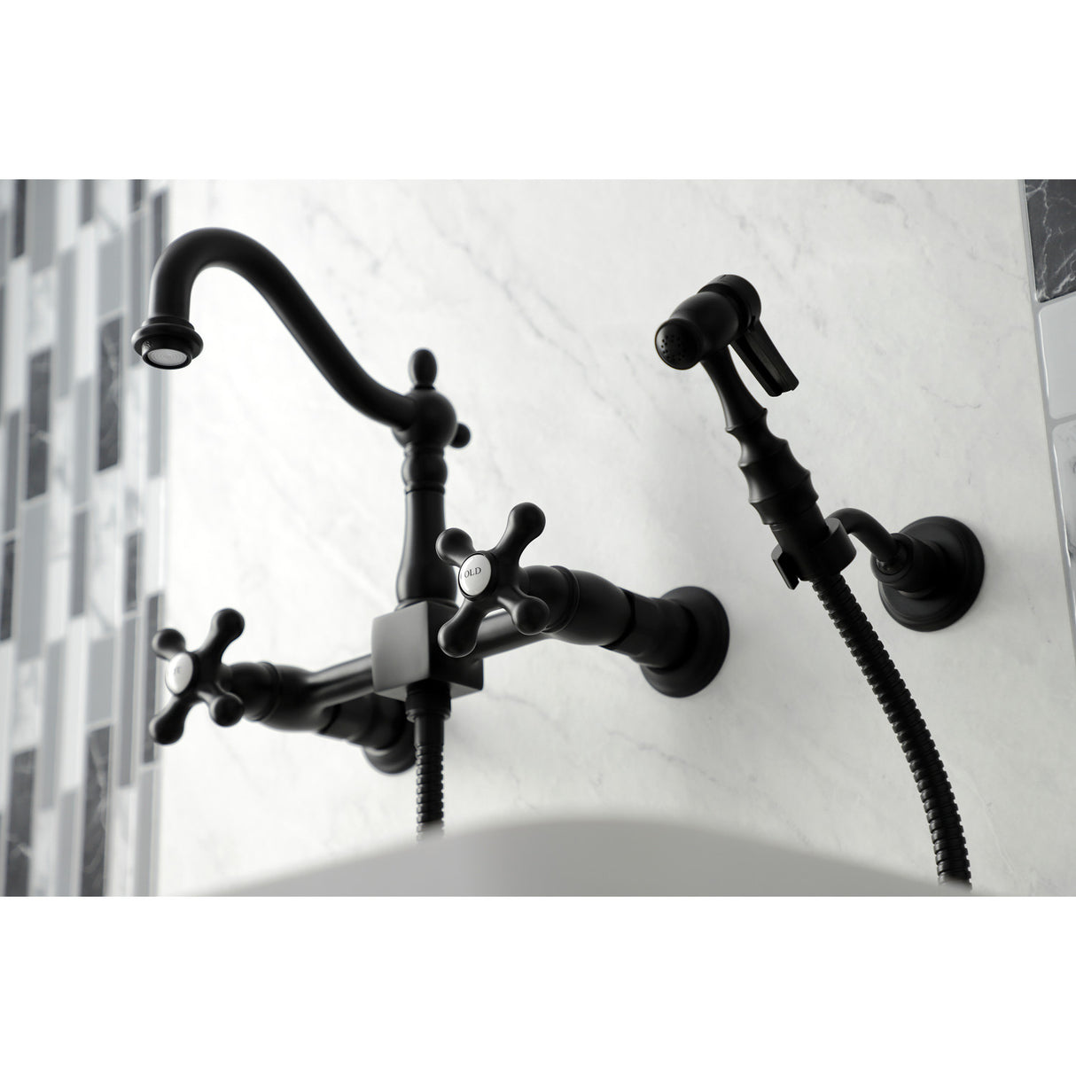 Kingston Brass KS1260AXBS Heritage Wall Mount Bridge Kitchen Faucet with Brass Sprayer, Matte Black