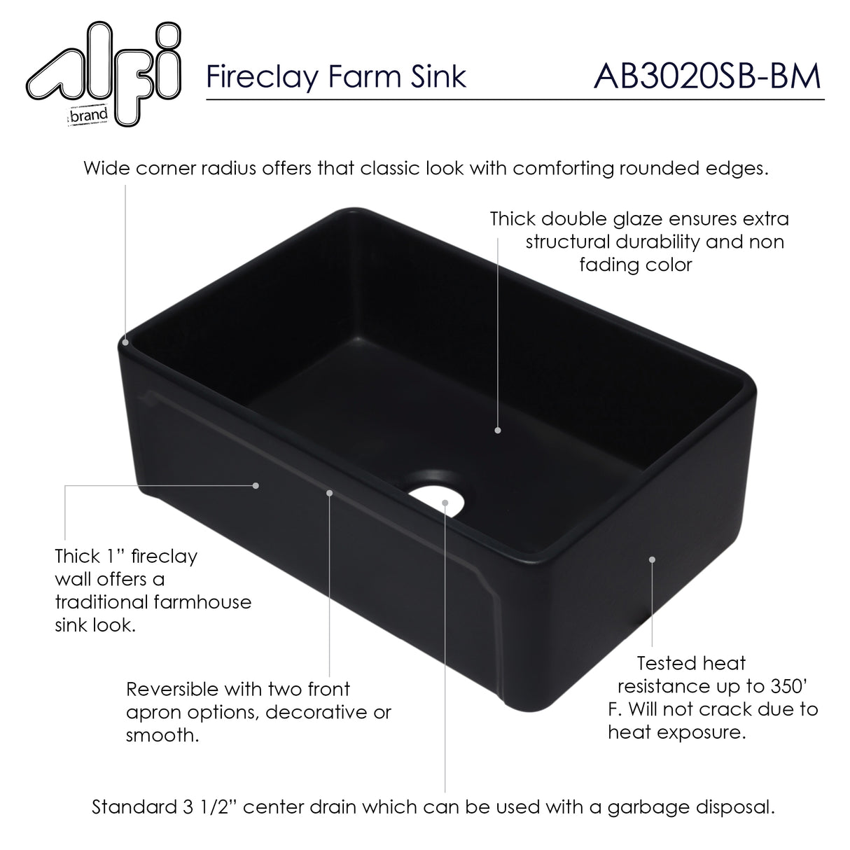 ALFI brand AB3020SB-BM 30 inch Black Reversible Single Fireclay Farmhouse Kitchen Sink