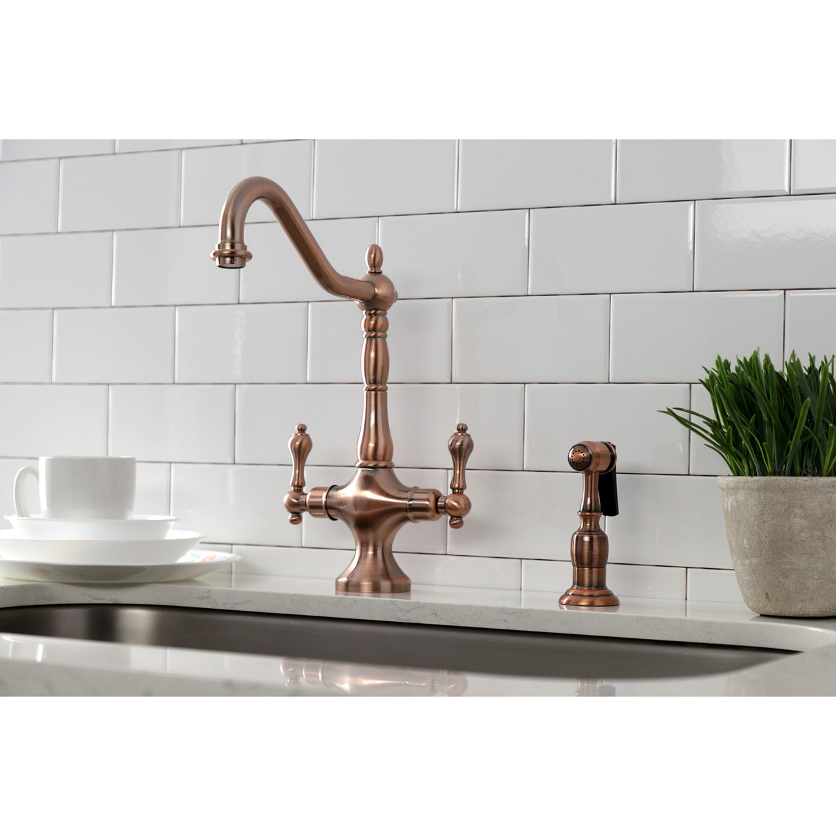 Kingston Brass KS177ALBSAC Heritage 2-Handle Kitchen Faucet with Brass Sprayer, Antique Copper