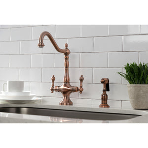 Kingston Brass KS177ALBSAC Heritage 2-Handle Kitchen Faucet with Brass Sprayer, Antique Copper