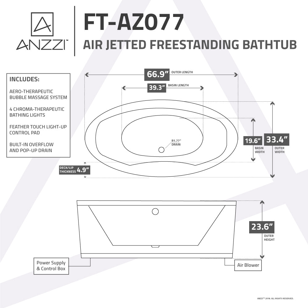 ANZZI FT-AZ077 Jarvis Series 67" Air Jetted Freestanding Acrylic Bathtub in White