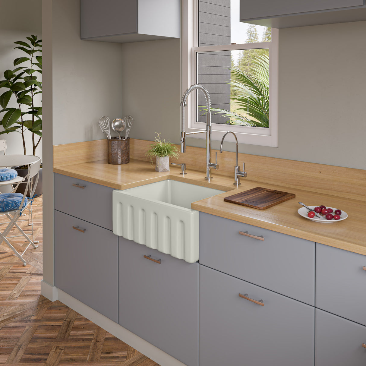 ALFI brand AB2418HS-B 24 inch Biscuit Reversible Smooth / Fluted Single Bowl Fireclay Farm Sink