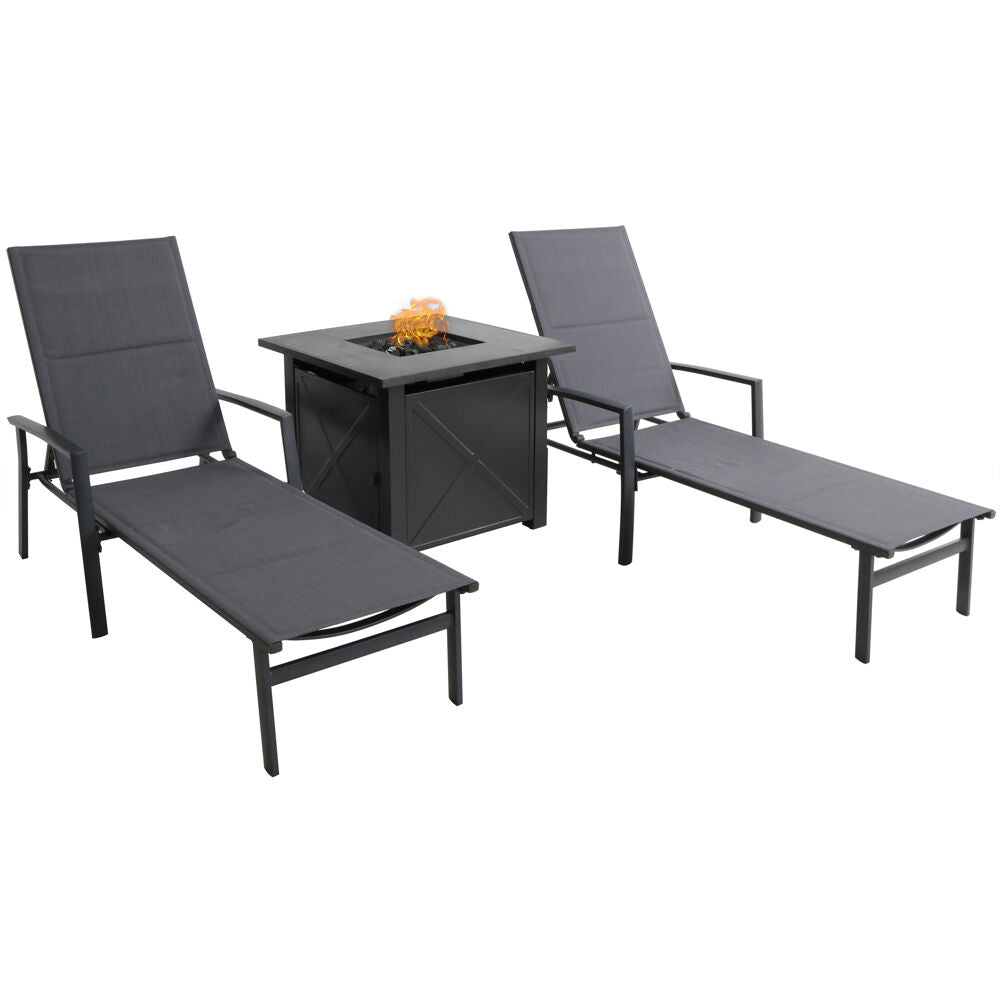 Hanover HALCHS3PCFP-GRY Halsted 3pc Set: 2 Padded Lounge Chaises with Tile Top Fire Pit