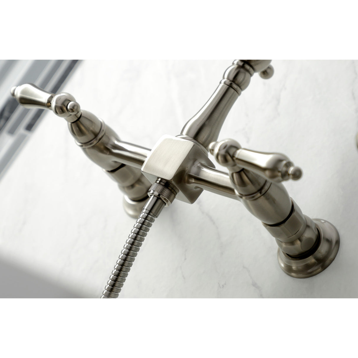 Kingston Brass KS1268ALBS Heritage Wall Mount Bridge Kitchen Faucet with Brass Sprayer, Brushed Nickel