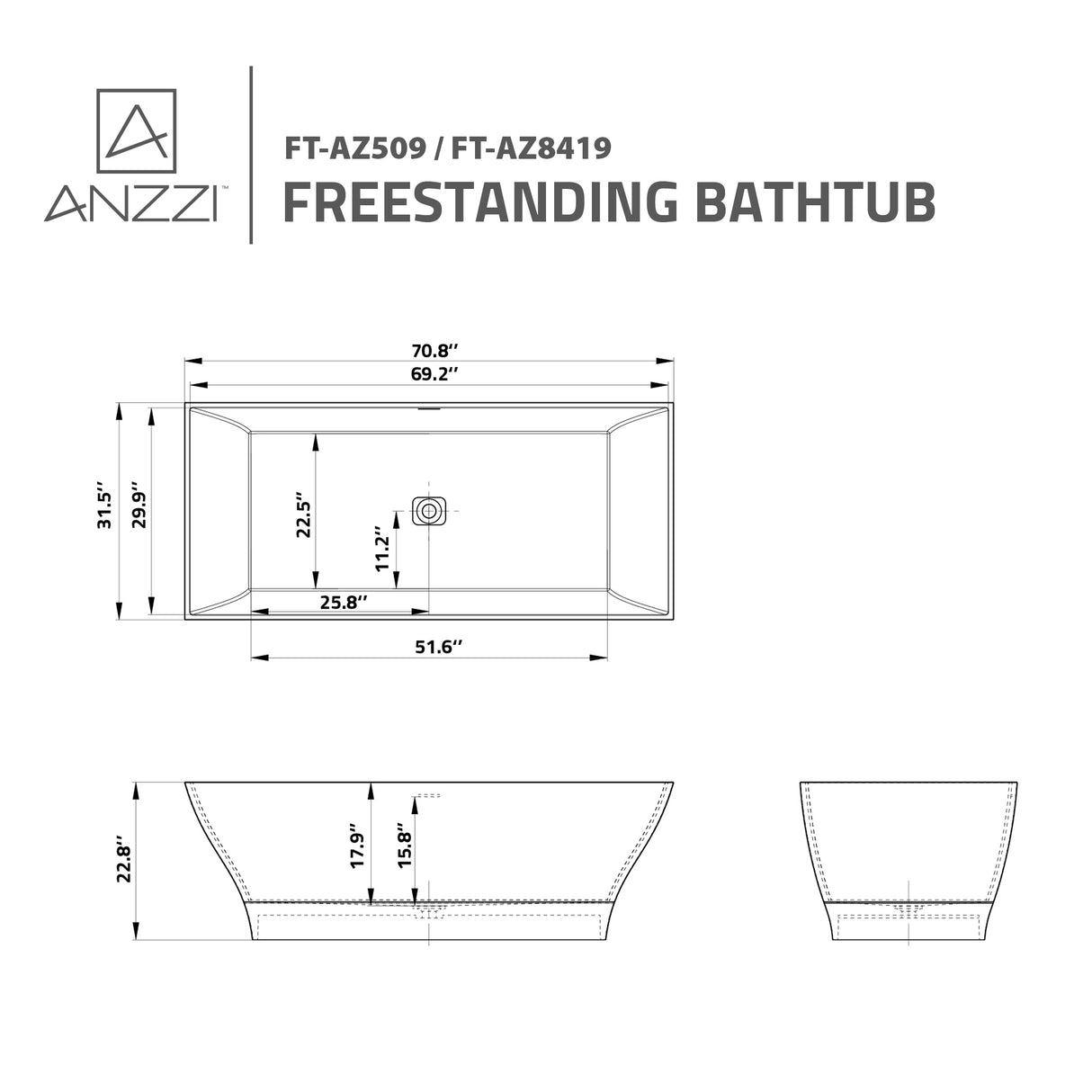 ANZZI FT-AZ8419 Kayenge 5.9 ft. Solid Surface Center Drain Freestanding Bathtub in Matte White