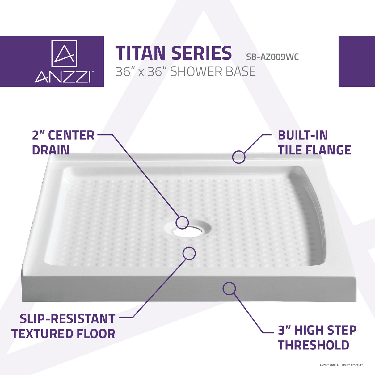 ANZZI SB-AZ009WC Titan Series 36 in. x 36 in. Shower Base in White