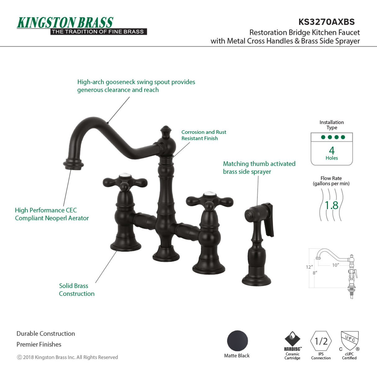 Kingston Brass KS3270AXBS Restoration 8" Bridge Kitchen Faucet with Sprayer, Matte Black