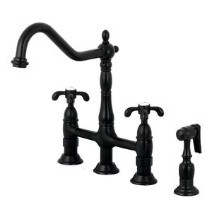 Kingston Brass KS1270TXBS French Country Bridge Kitchen Faucet with Brass Sprayer, Matte Black