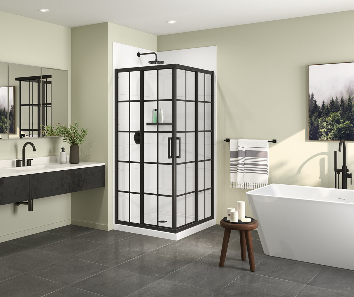 MAAX 107481-977-340-000 Scarlet 36 x 36 Acrylic Corner Drain Shower Kit in White with French Glass in Matte Black