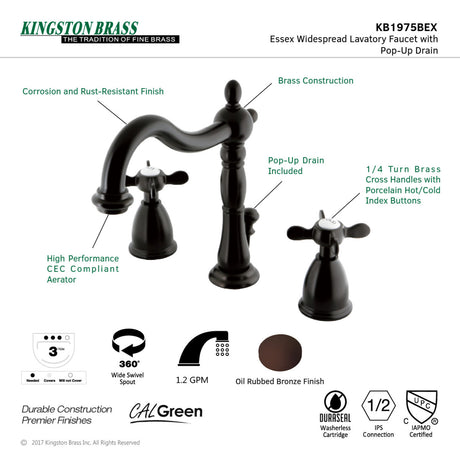 Kingston Brass KB1975BEX Essex Widespread Bathroom Faucet with Plastic Pop-Up, Oil Rubbed Bronze