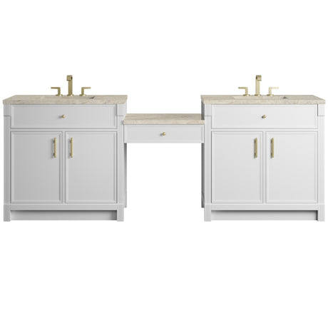 Bellshire 96" Dual Vanity Set with 24" Make-Up Counter, Bright White w/3 cm Tajnar Eclos Top