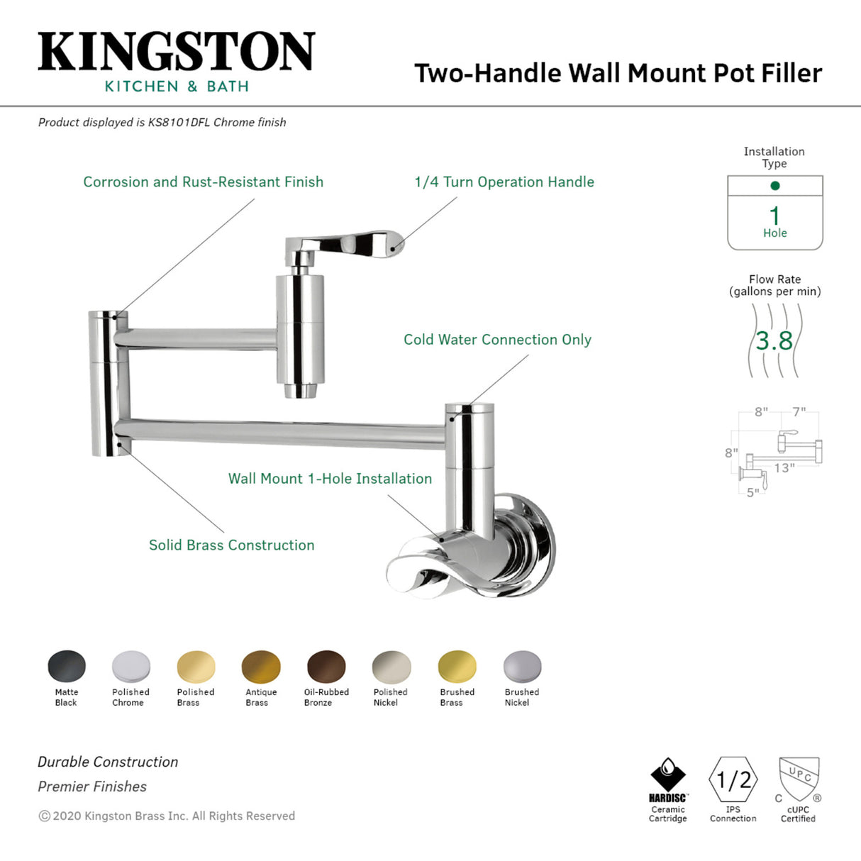 Kingston Brass KS8108DFL Wall Mount Pot Filler Kitchen Faucet, Brushed Nickel