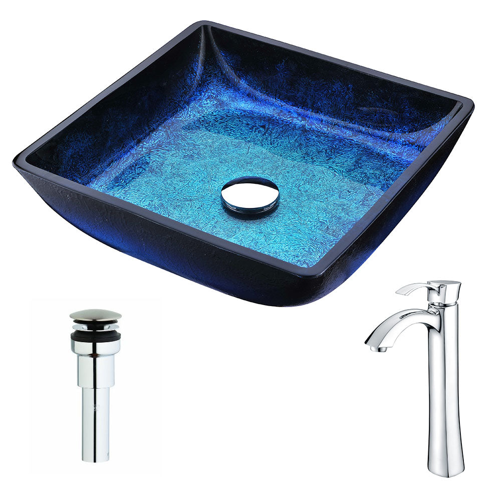 ANZZI LSAZ056-095 Viace Series Deco-Glass Vessel Sink in Blazing Blue with Harmony Faucet in Chrome