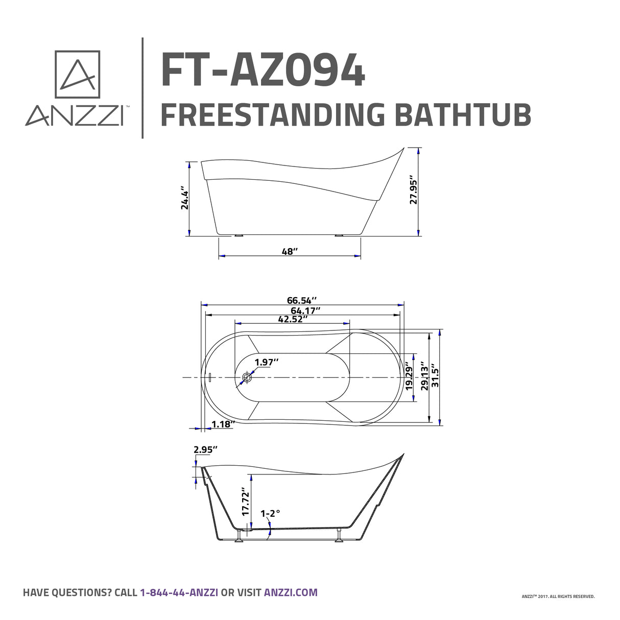 ANZZI FT-AZ094 Kahl Series 5.58 ft. Freestanding Bathtub in White