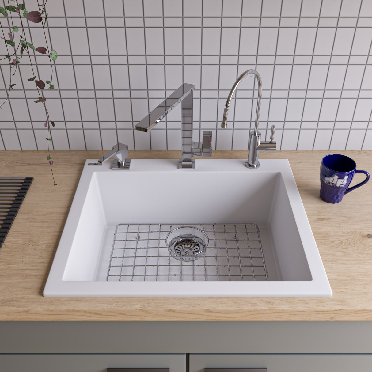 ALFI brand AB2420DI-W White 24" Drop-In Single Bowl Granite Composite Kitchen Sink