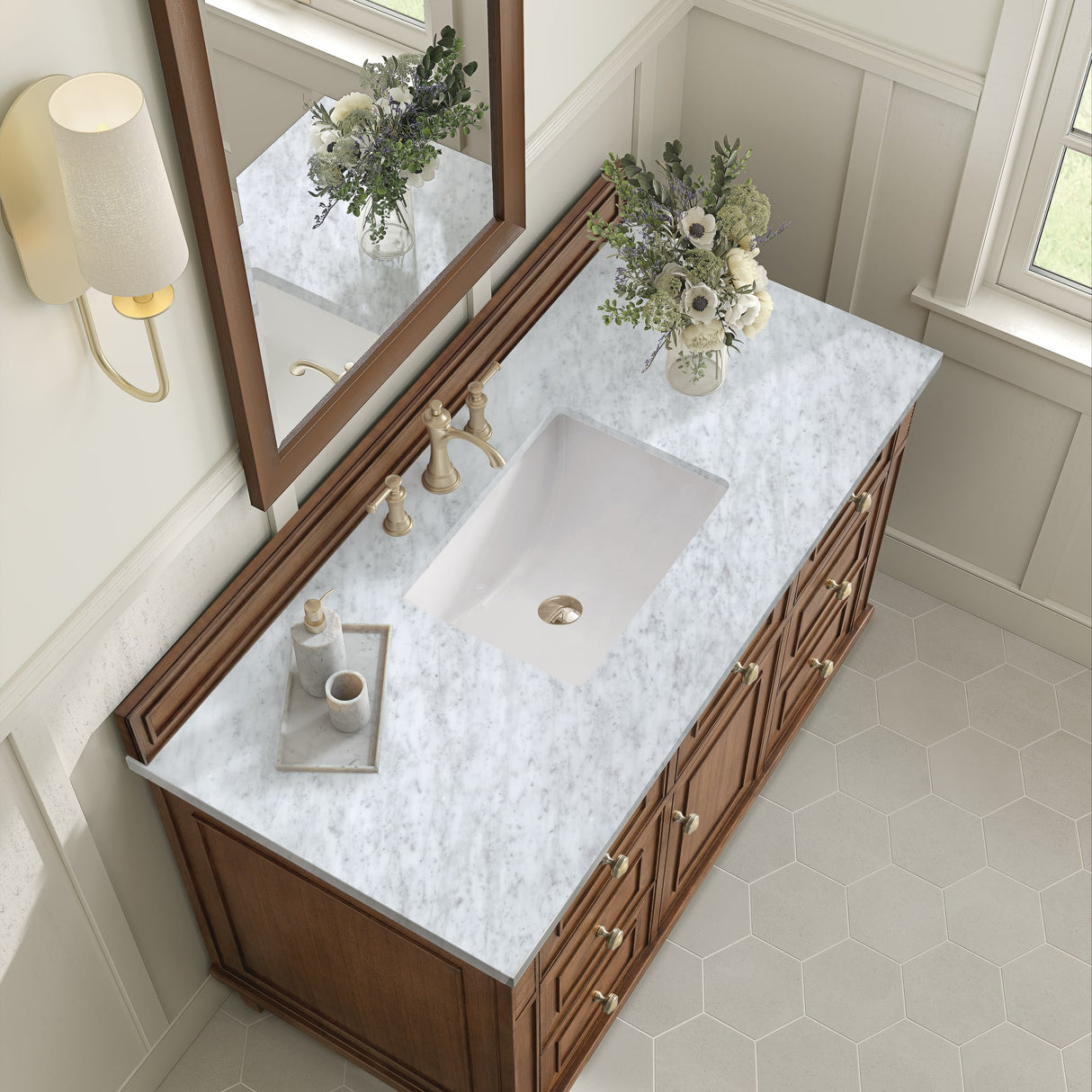 Lorelai 48" Single Vanity, Mid-Century Walnut w/ 3 CM Carrara White Marble Top