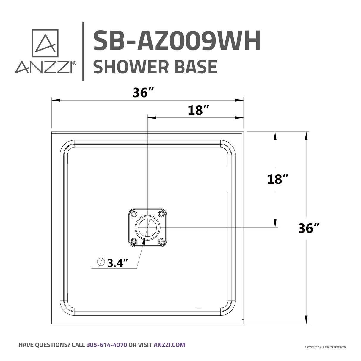 ANZZI SB-AZ009WH-R Series 36 in. x 36 in. Double Threshold Shower Base in White