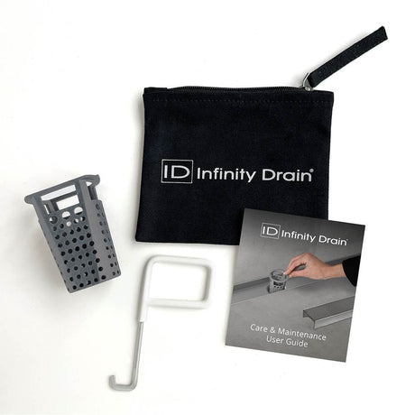 Infinity Drain HMK-38-A Hair Maintenance Kit. Includes maintenance guide, AKEY Lift-out key, and HB 32 Hair Basket.