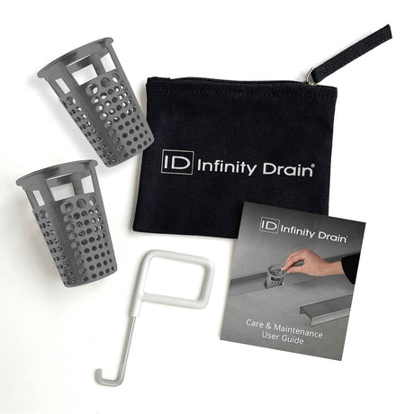 Infinity Drain HMK-65-2A Hair Maintenance Kit. Includes maintenance guide, AKEY Lift-out key, and HB 65B Hair Basket in black.