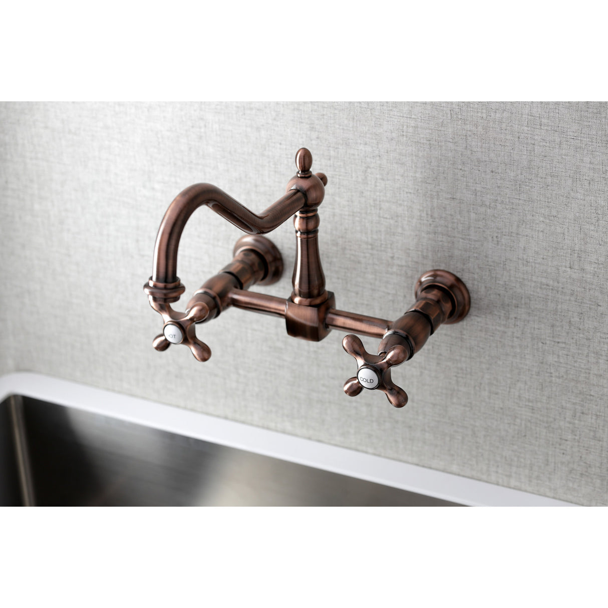 Kingston Brass KS124AXAC Heritage Wall Mount Bridge Kitchen Faucet, Antique Copper