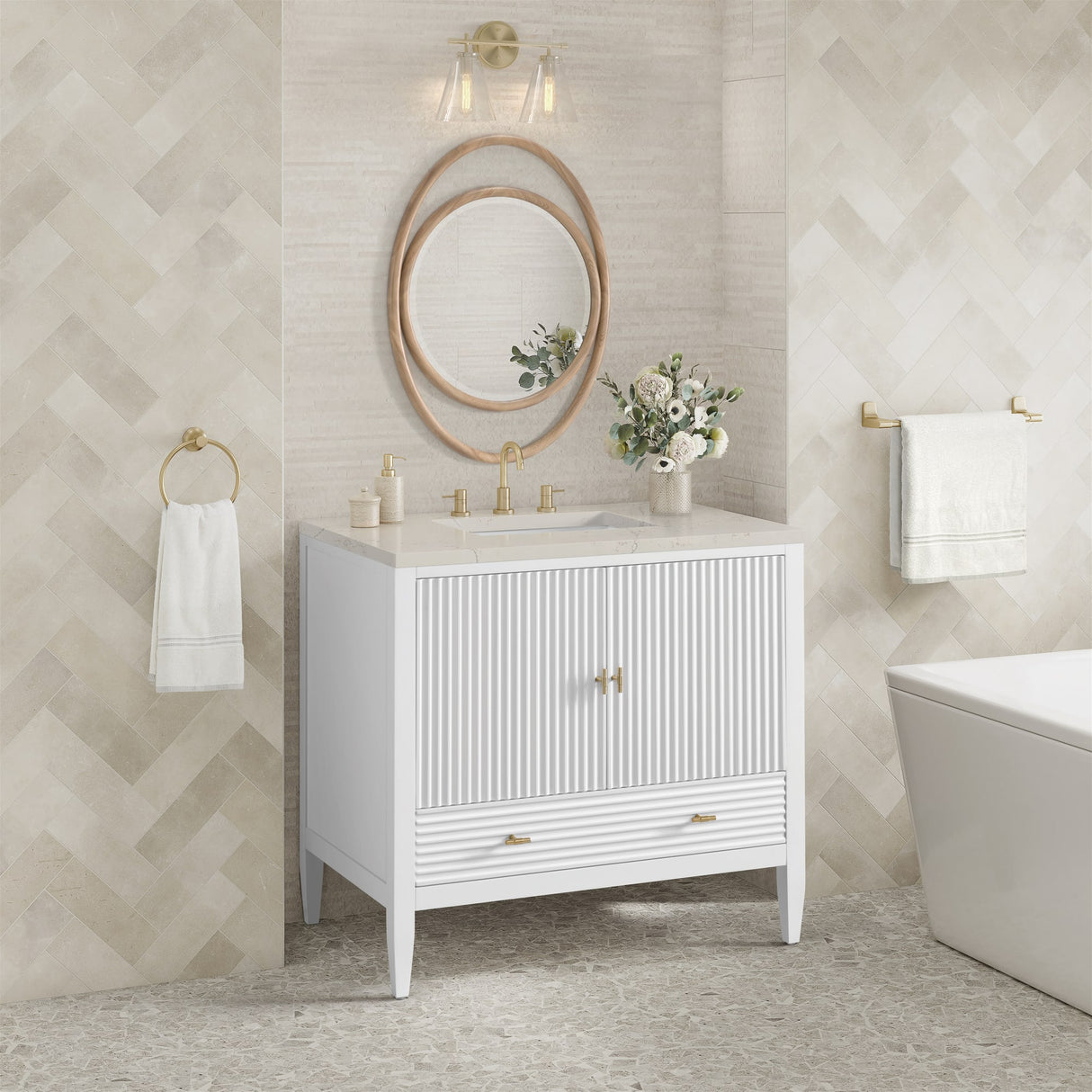 Myrrin 36" Vanity, Bright White, w/ 3 CM Siberian Silestone Top