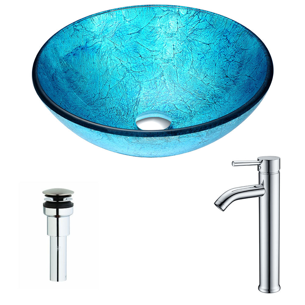 ANZZI LSAZ047-041 Accent Series Deco-Glass Vessel Sink in Blue Ice with Fann Faucet in Chrome