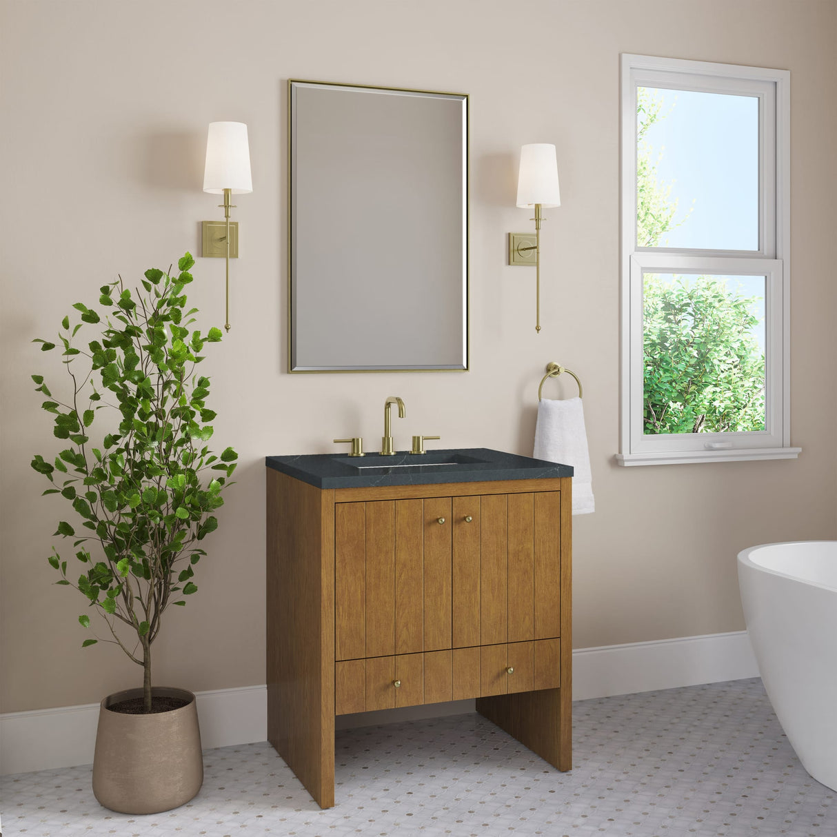 Hudson 30" Single Vanity, Honey Oak w/ 3 CM Charcoal Soapstone Silestone Top