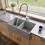 Gray Matte Smooth Apron 33" x 18" Double Bowl Fireclay Farm Sink