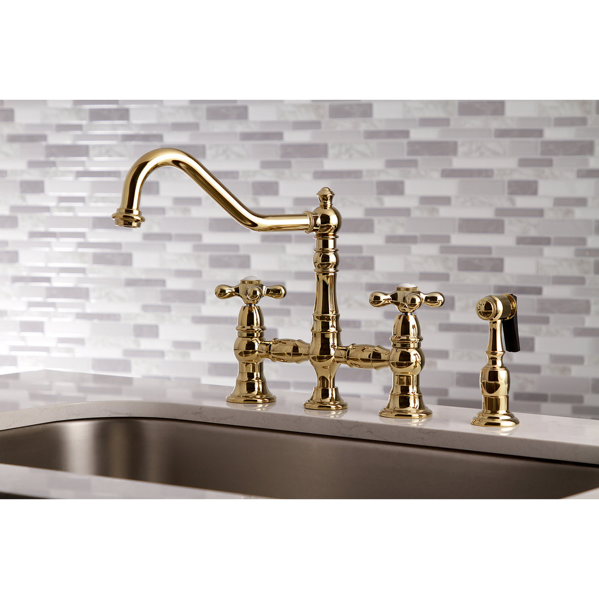 Kingston Brass KS3272AXBS Restoration 8" Bridge Kitchen Faucet with Sprayer, Polished Brass