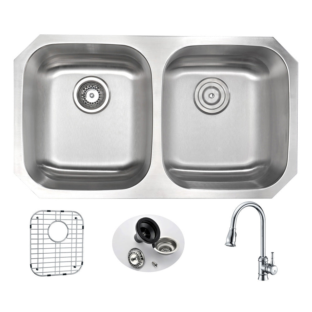 ANZZI KAZ3218-044 MOORE Undermount 32 in. Double Bowl Kitchen Sink with Sails Faucet in Polished Chrome
