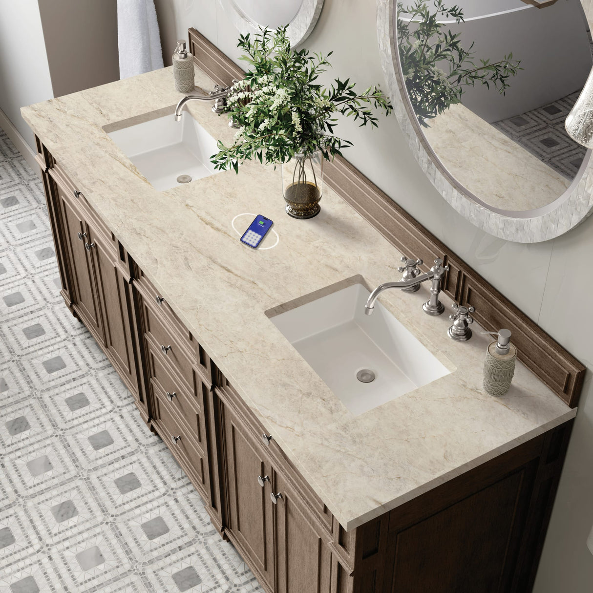 Bristol 72" Double Vanity, Whitewashed Walnut, w/ 3 CM Tajnar Eclos Top w/FreePower Wireless Charger