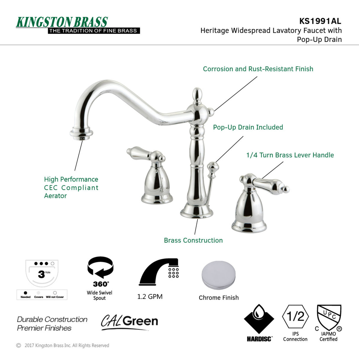 Kingston Brass KS1991AL 8 in. Widespread Bathroom Faucet, Polished Chrome
