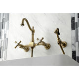 Kingston Brass KS1263AXBS Heritage Wall Mount Bridge Kitchen Faucet with Brass Sprayer, Antique Brass