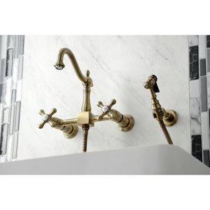 Kingston Brass KS1263AXBS Heritage Wall Mount Bridge Kitchen Faucet with Brass Sprayer, Antique Brass