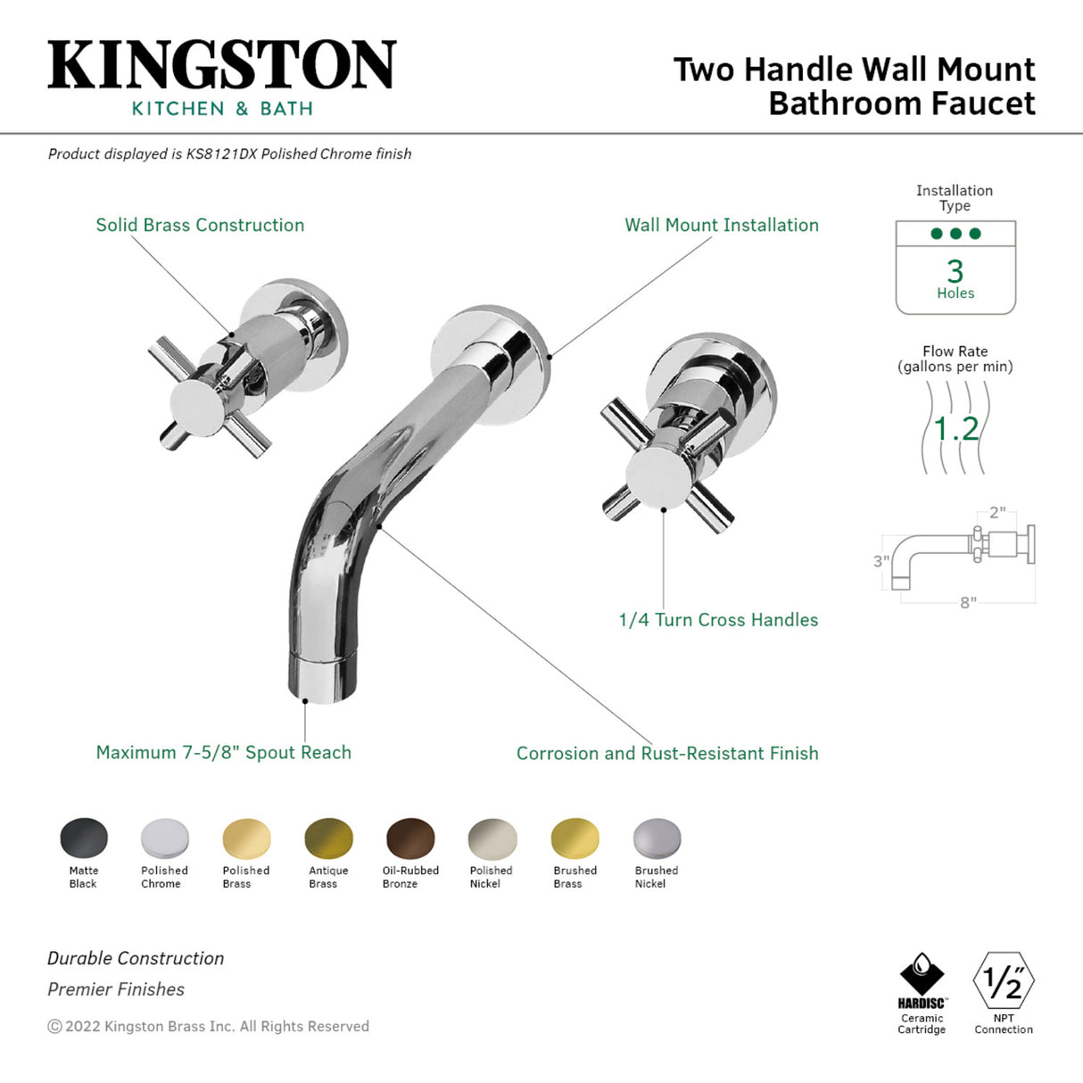 Kingston Brass KS8121DX Concord 2-Handle Wall Mount Bathroom Faucet, Polished Chrome