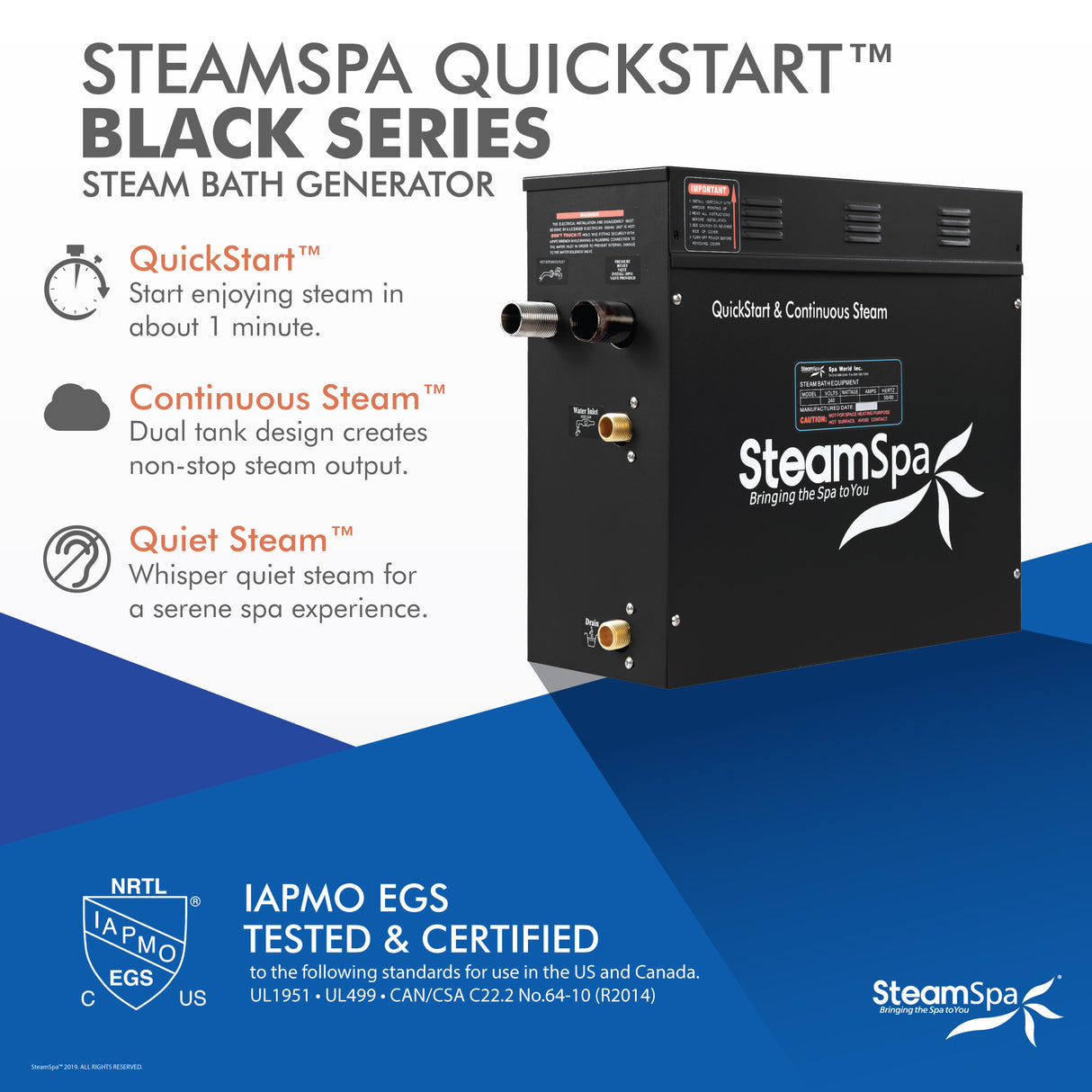 Raven Series 4.5kW QuickStart Steam Bath Generator Package in Polished Chrome RVT450CH-A