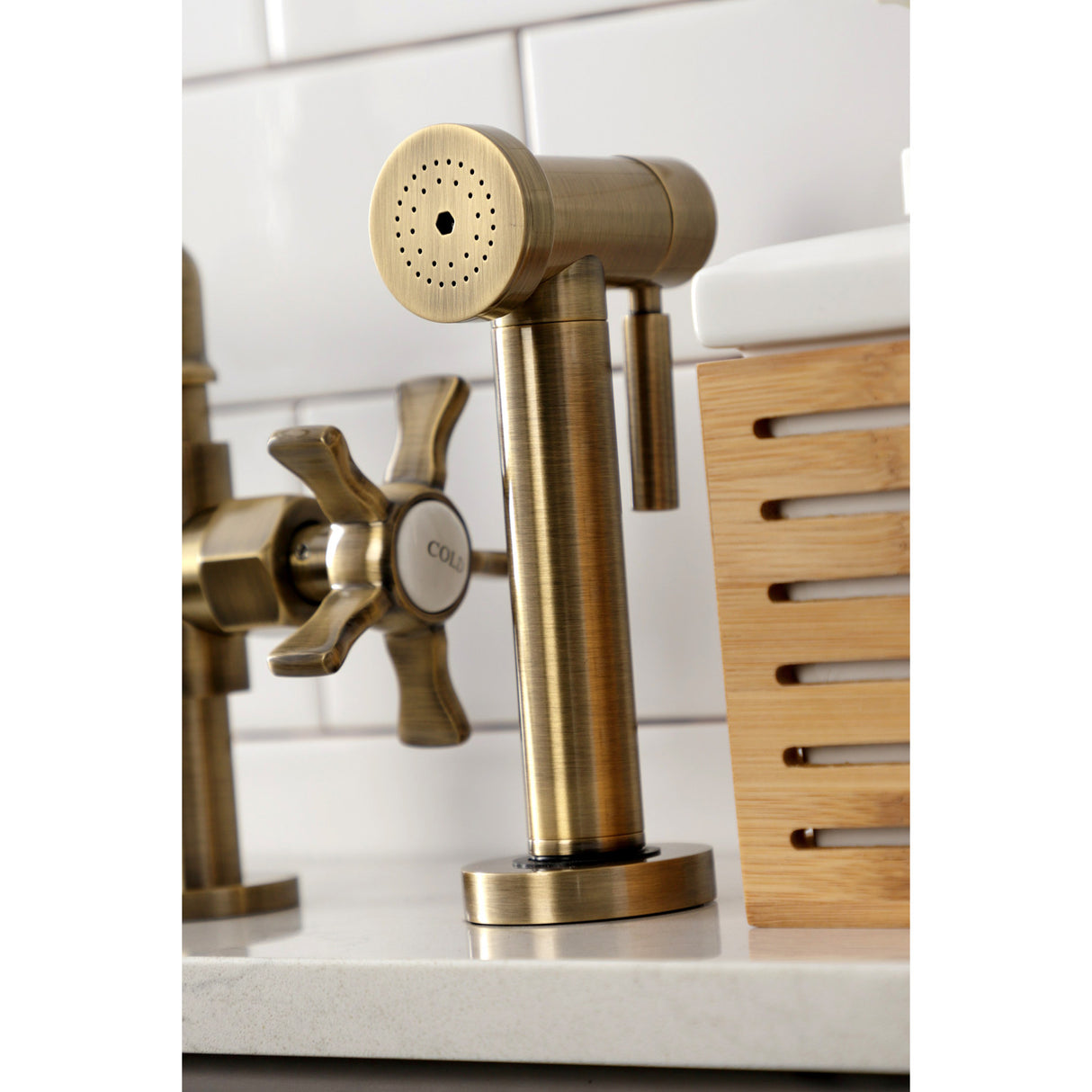 Kingston Brass KS2333NX Hamilton Industrial Style Bridge Kitchen Faucet with Brass Sprayer, Antique Brass