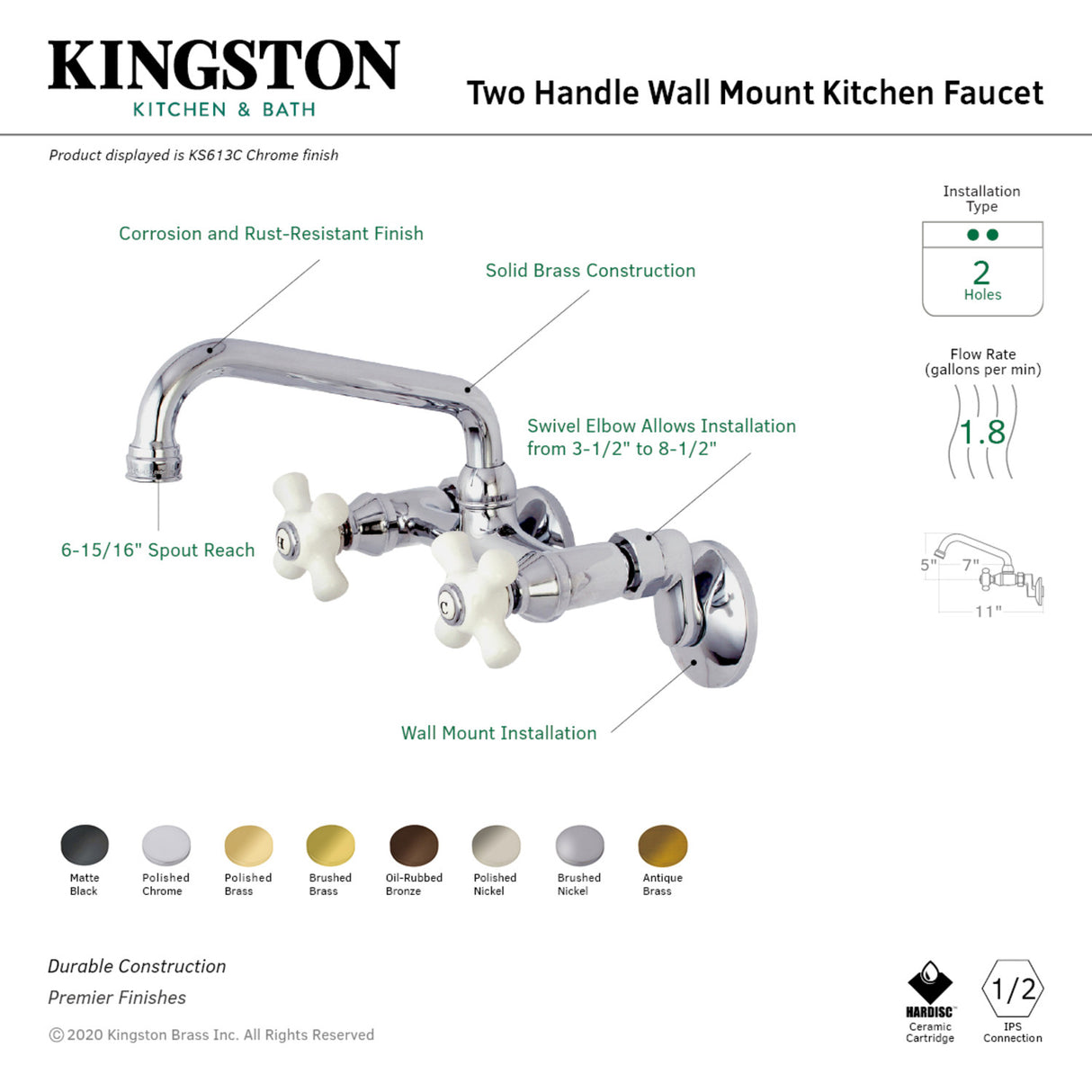 Kingston Brass KS613MB Kingston Two Handle Wall Mount Kitchen Faucet, Matte Black