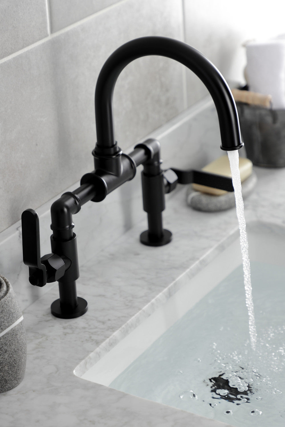 Kingston Brass KS2170KL Whitaker Industrial Style Bridge Bathroom Faucet with Pop-Up Drain, Matte Black