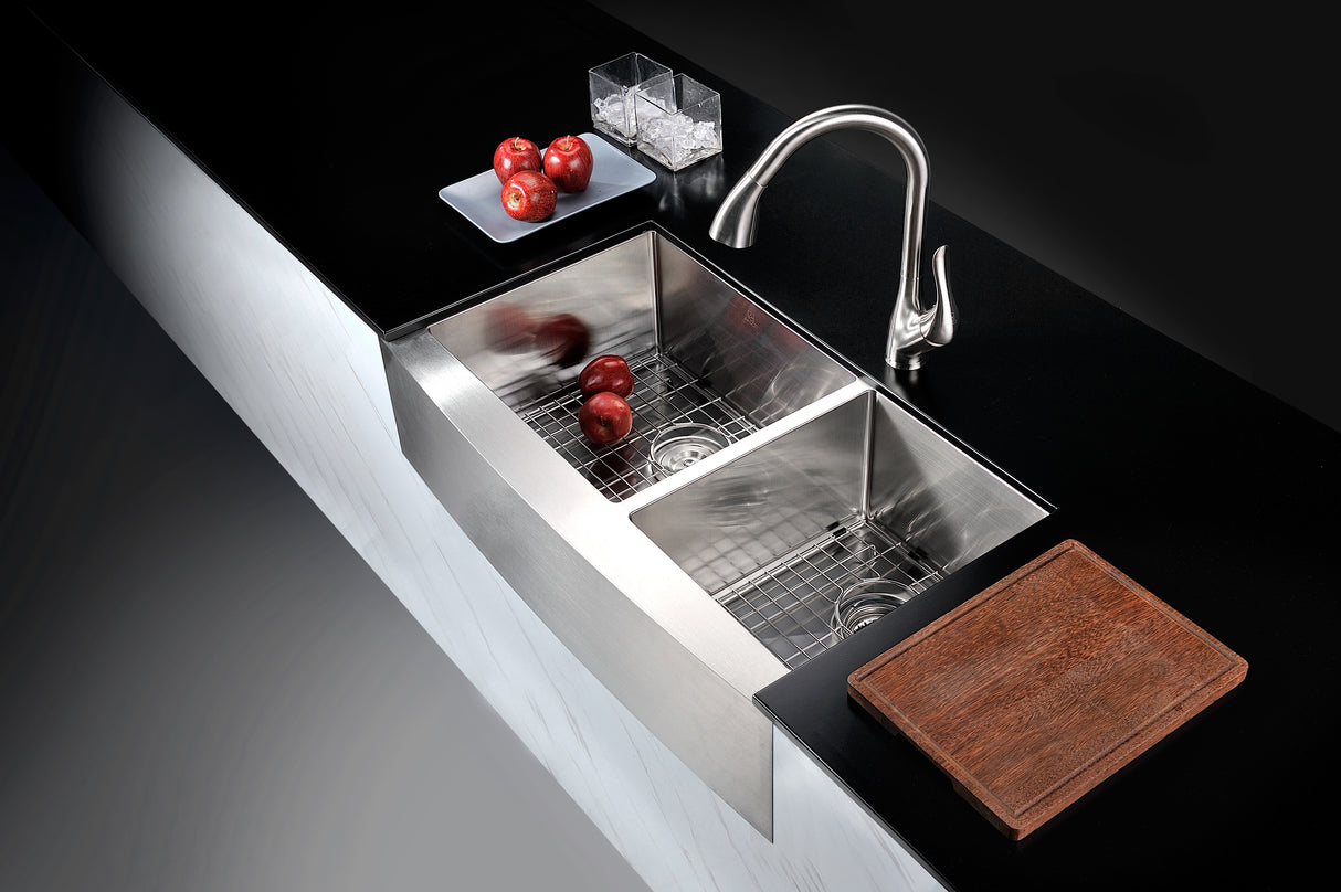 ANZZI K-AZ3620-3A Elysian Farmhouse Stainless Steel 36 in. 0-Hole 60/40 Double Bowl Kitchen Sink in Brushed Satin