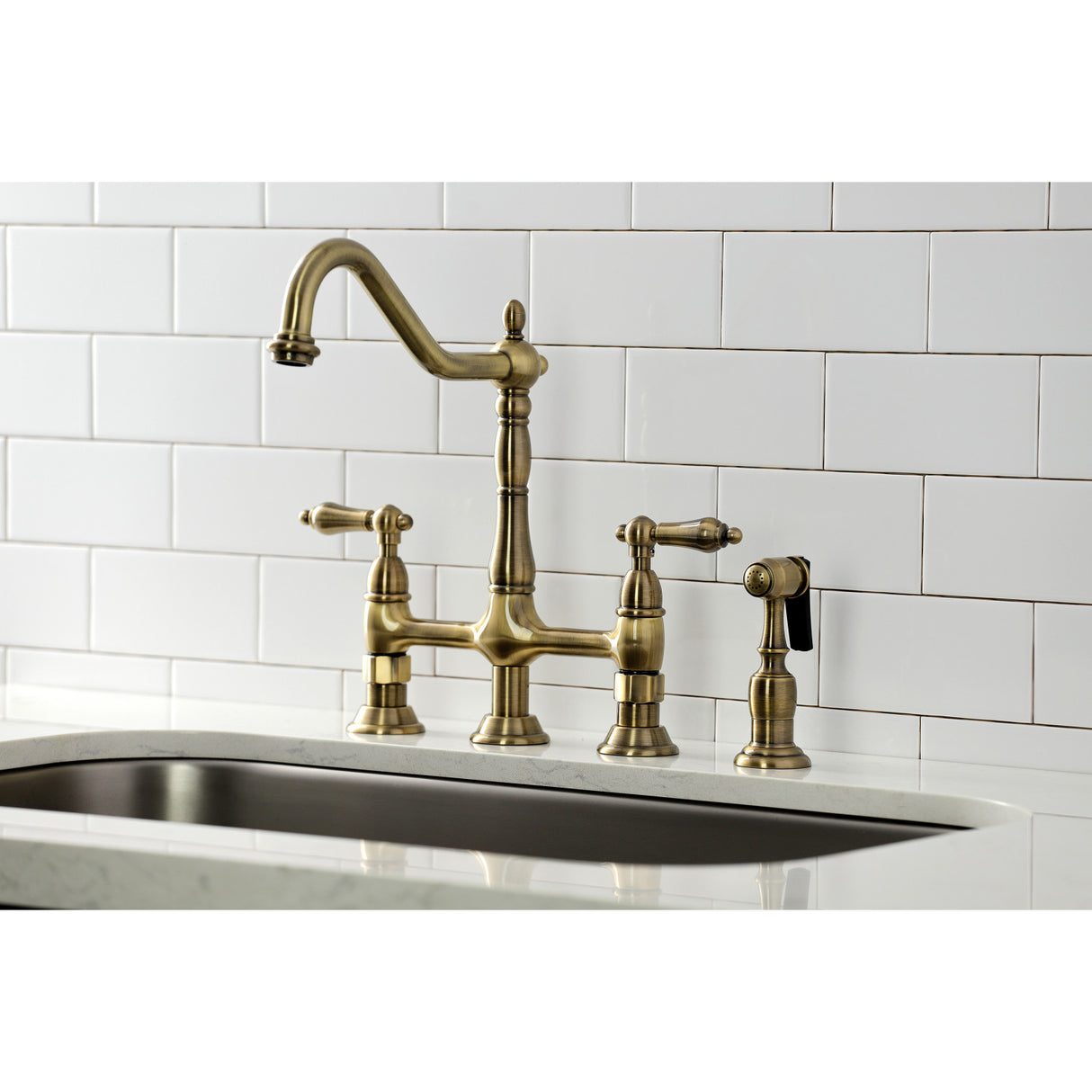 Kingston Brass KS1273ALBS Heritage Bridge Kitchen Faucet with Brass Sprayer, Antique Brass